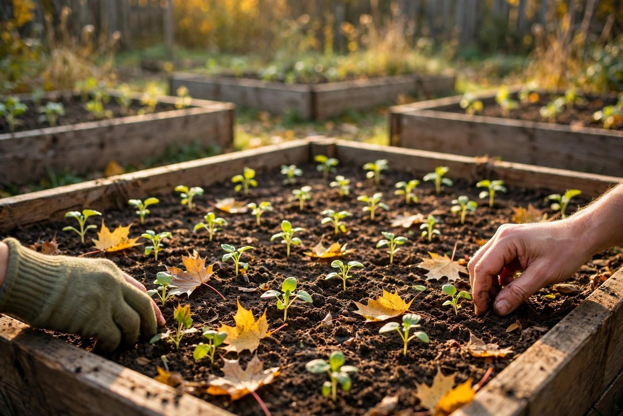 Fall vegetable garden beds with seedlings in October morning light
