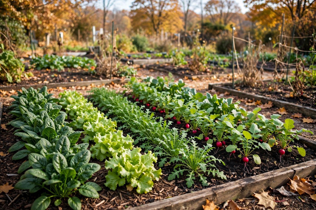 Spinach, lettuce, arugula and radishes growing in a fall garden bed