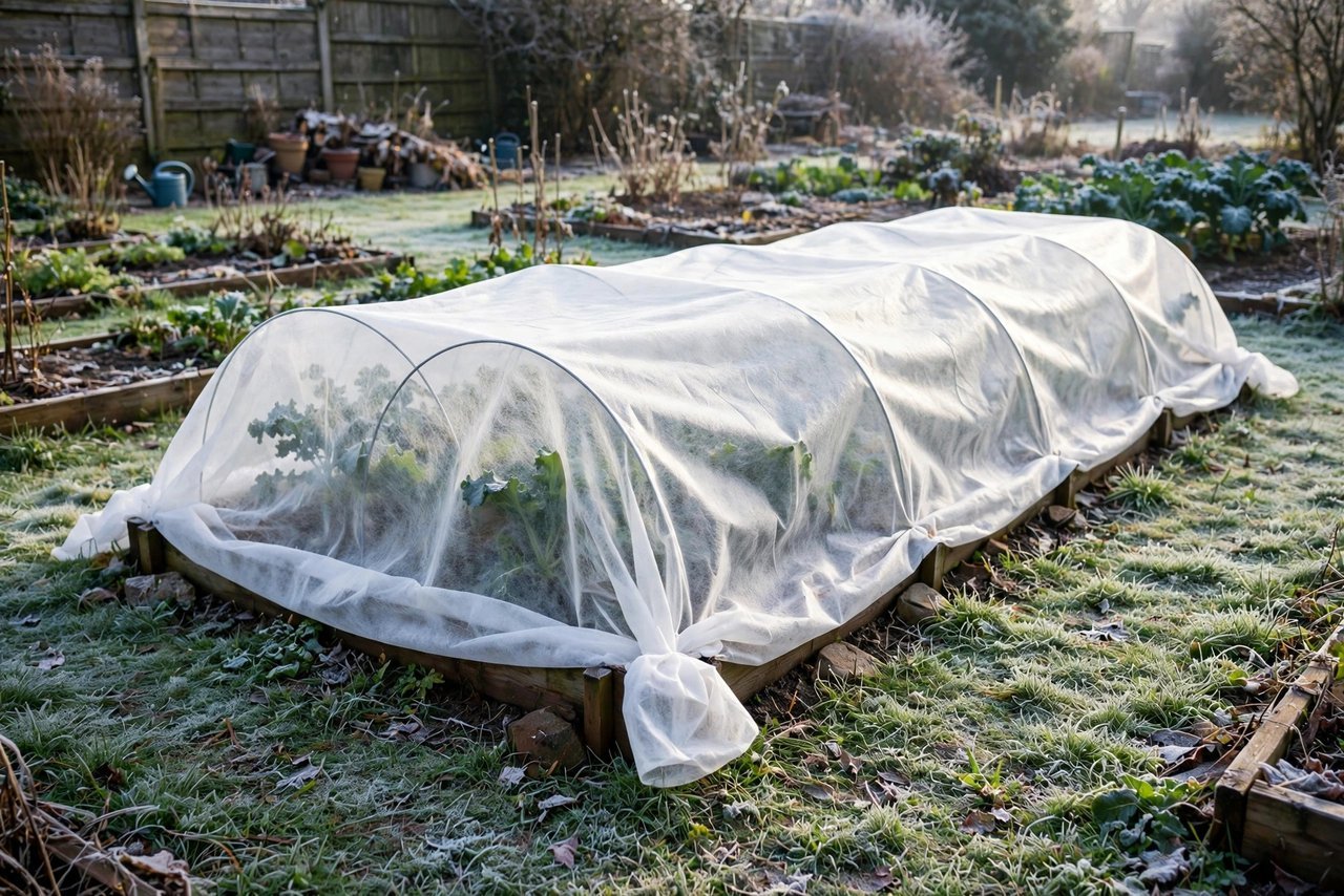 Floating row cover protecting a fall vegetable garden from frost