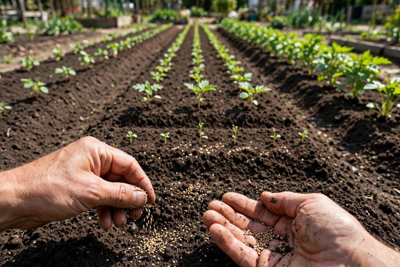 Succession sowing seeds in garden rows at different growth stages