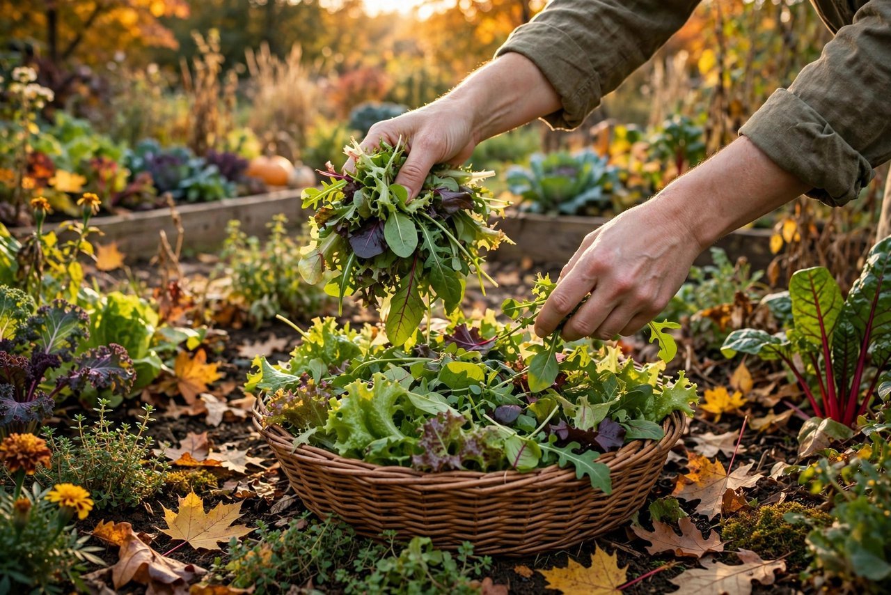 Harvesting fresh salad greens into a basket from a fall garden
