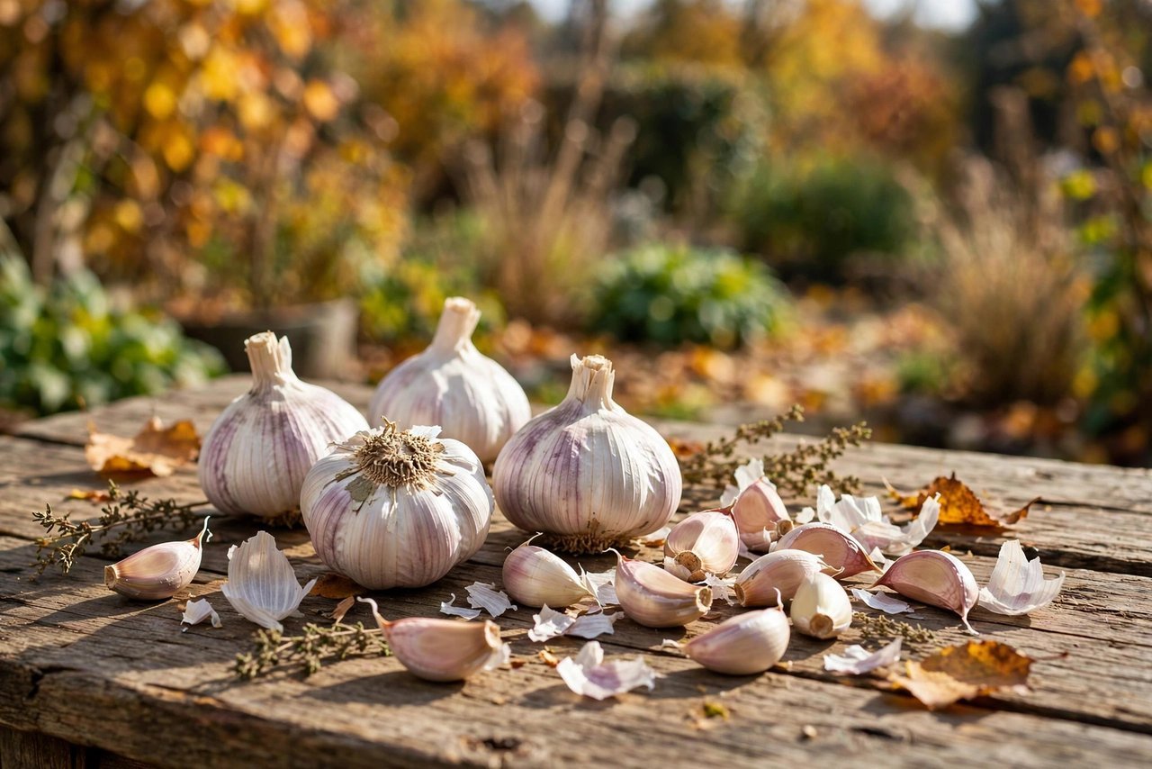 Garlic bulbs and cloves ready for fall planting