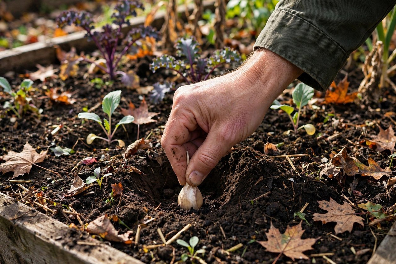 Planting a garlic clove pointed-end up in fall garden soil