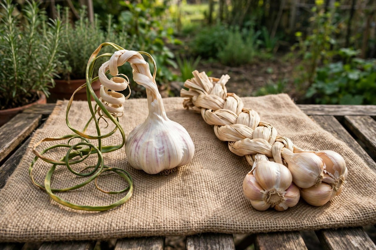 Hardneck garlic with scape beside braided softneck garlic