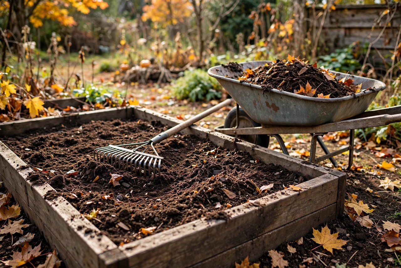 Preparing a raised bed with compost before planting garlic