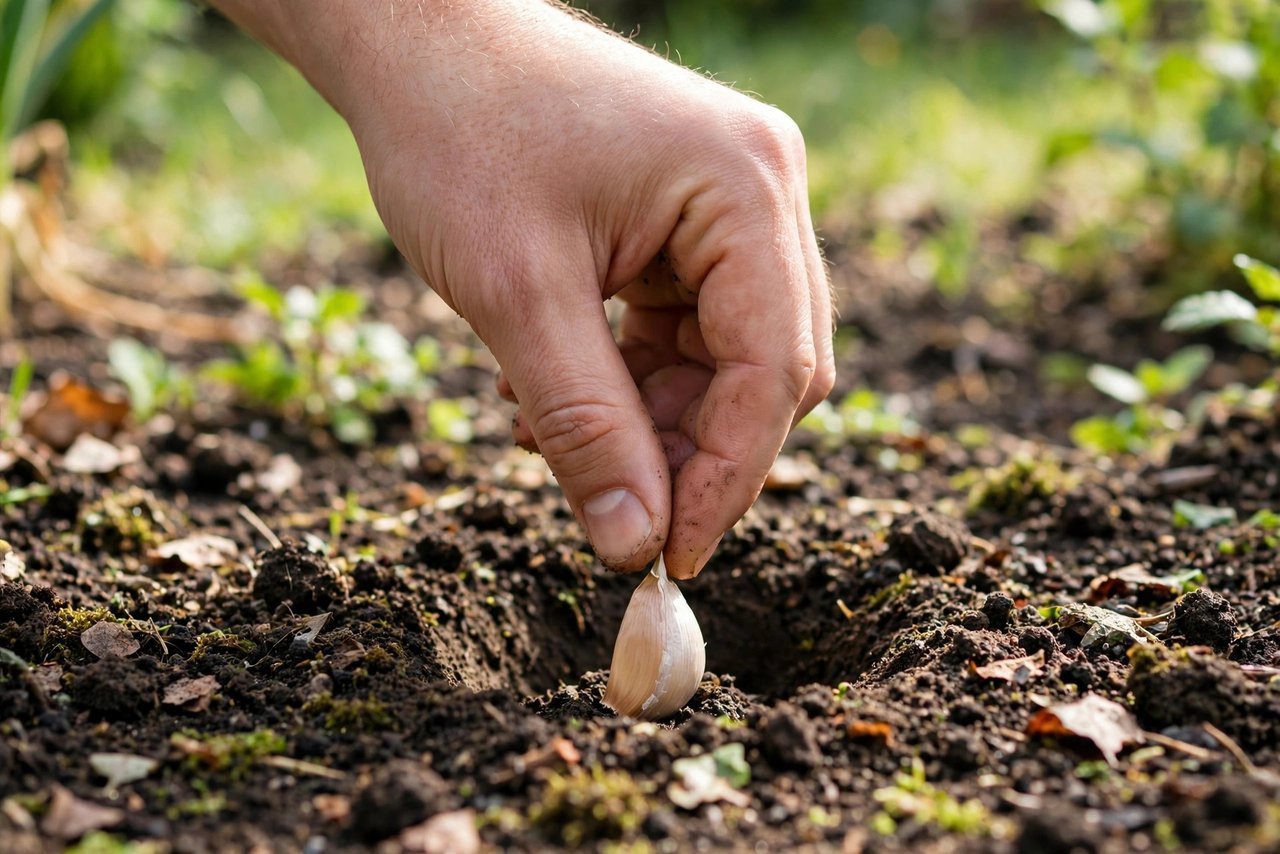 Hand placing a garlic clove into soil, pointed end up