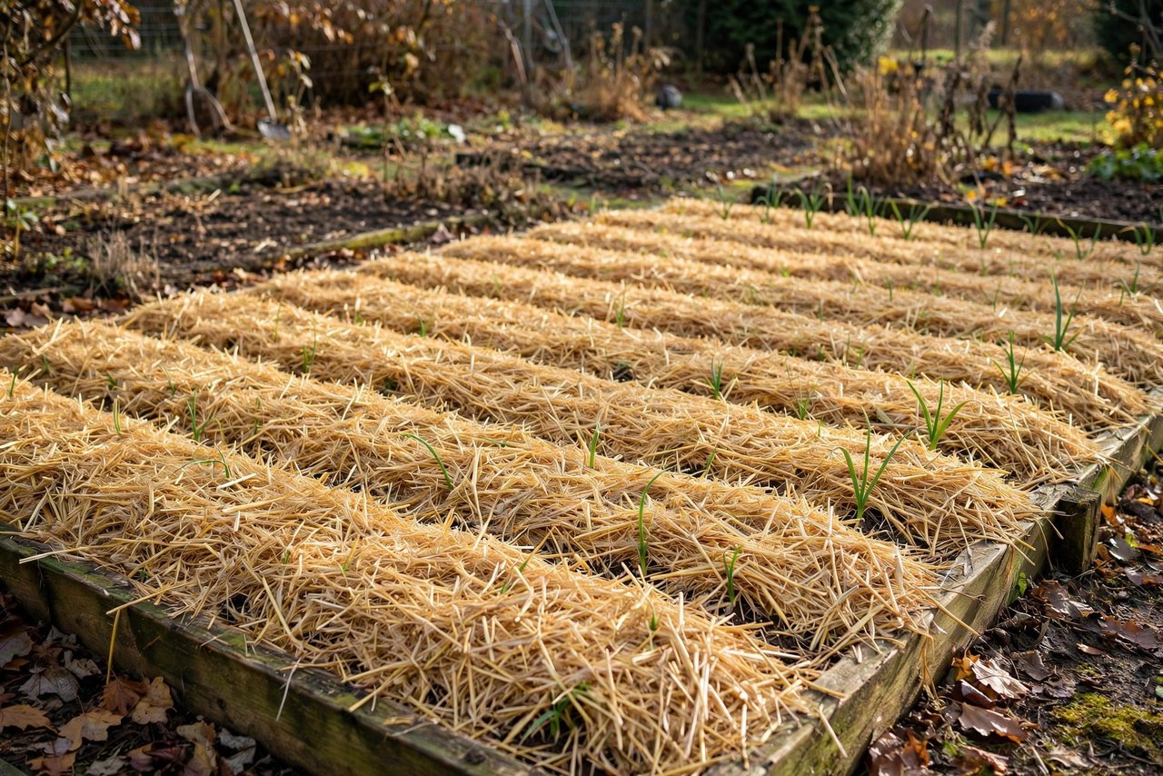 Garlic bed covered with a thick layer of straw mulch