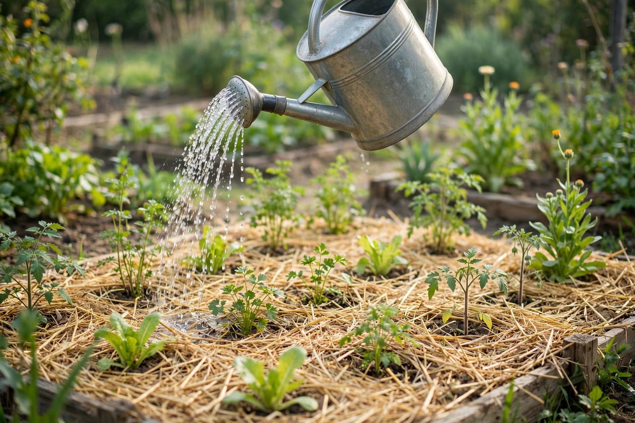 Watering a newly planted straw-mulched garlic bed
