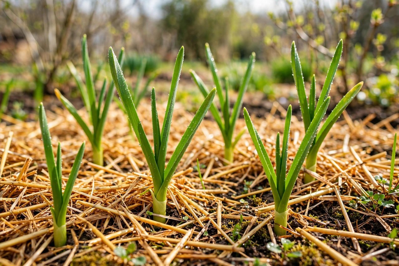 Green garlic shoots emerging through straw mulch in spring