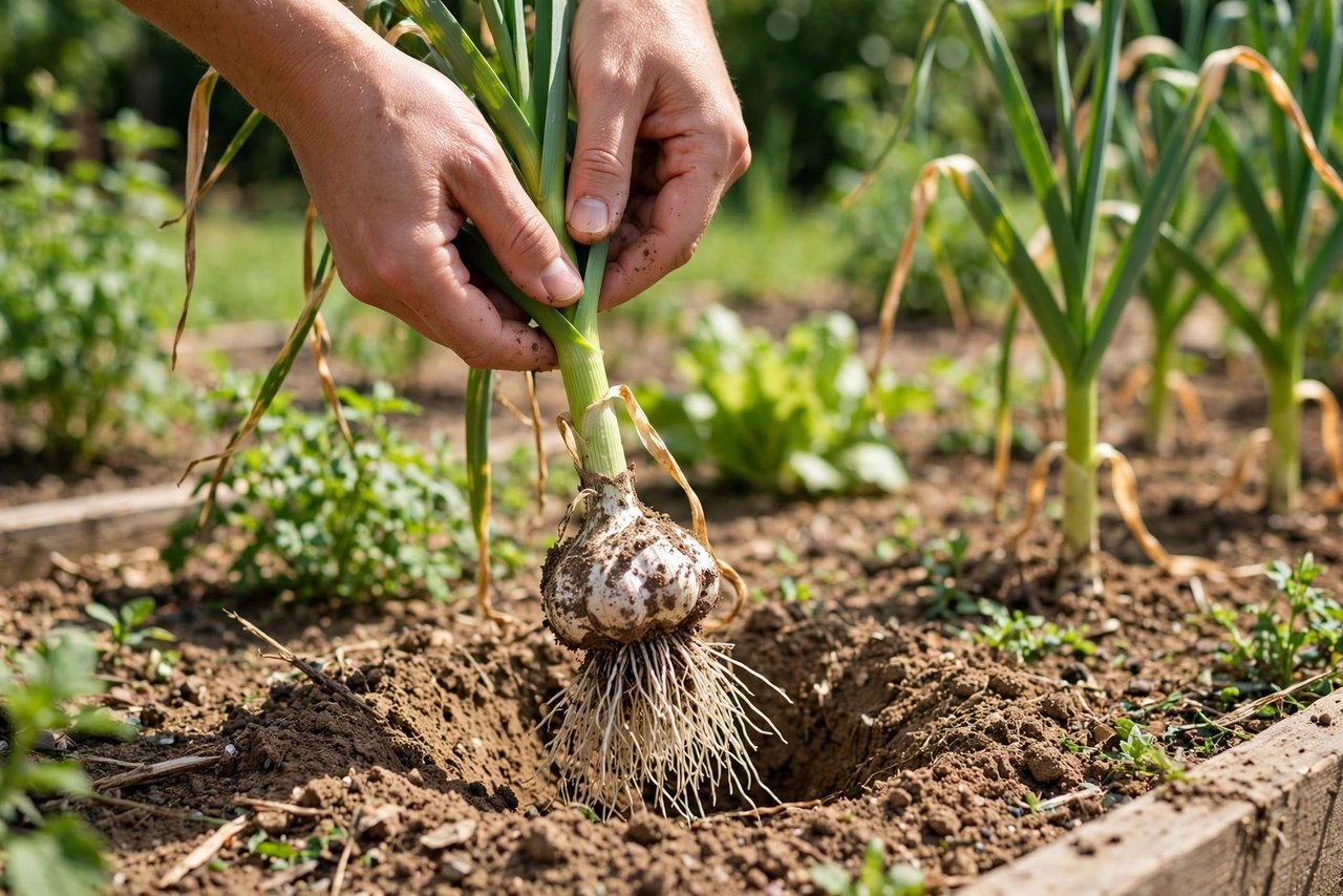 Pulling a garlic plant from soil showing a full bulb with roots