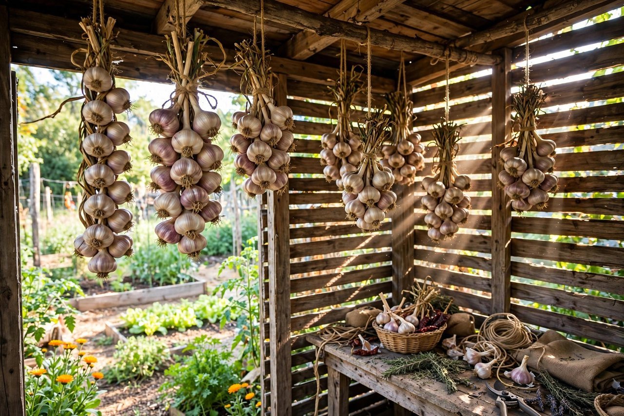 Garlic braids hanging to cure in an airy wooden shed