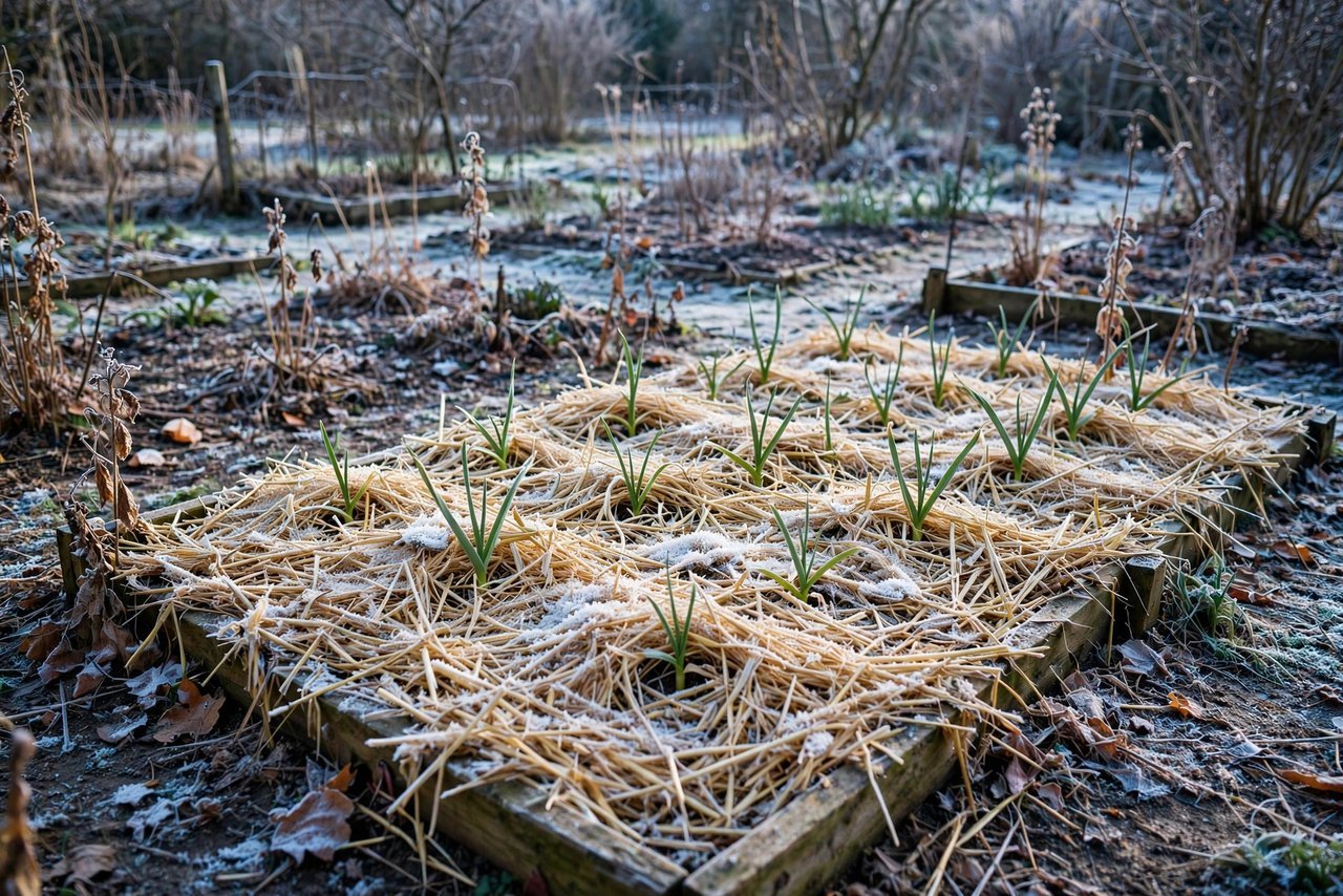 Mulched garlic bed with early frost in a dormant winter garden