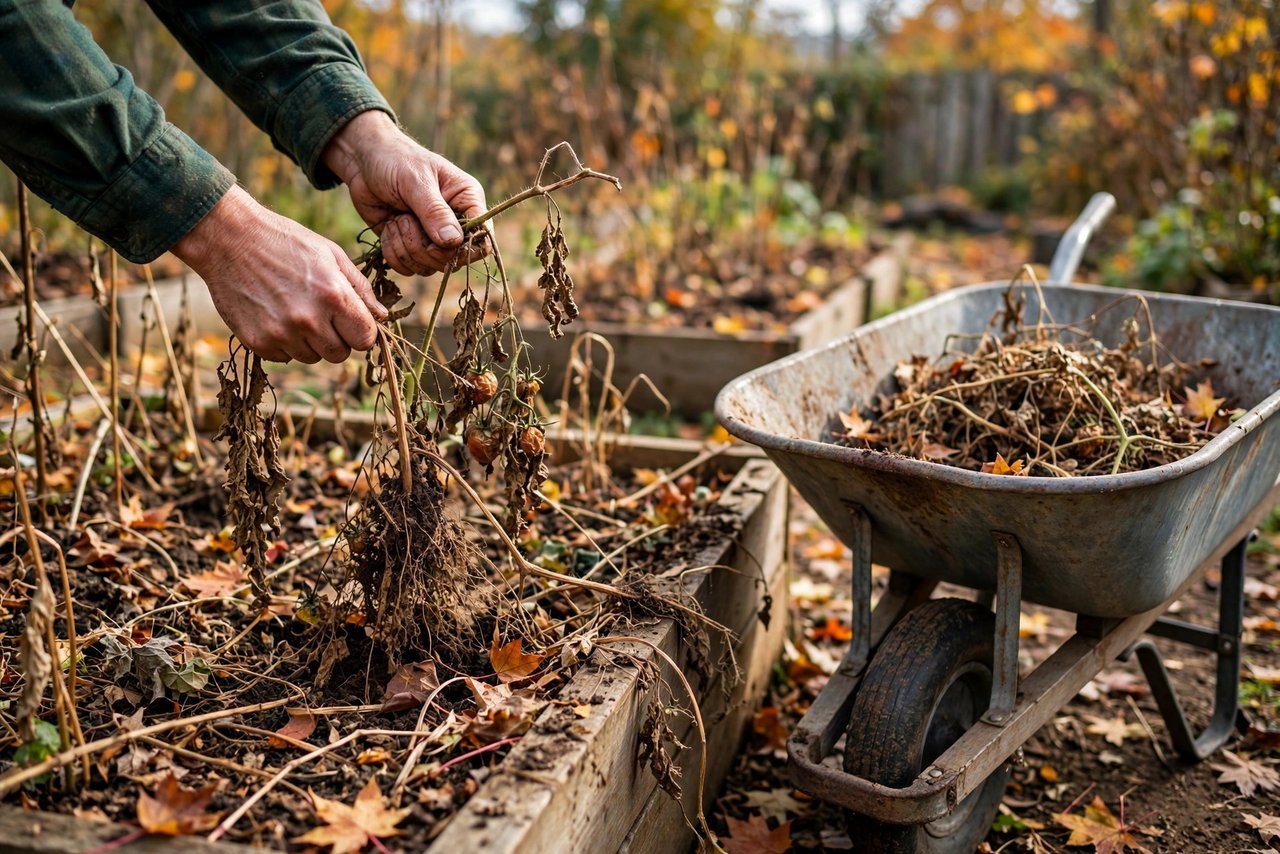 Pulling spent tomato vines during fall garden cleanup