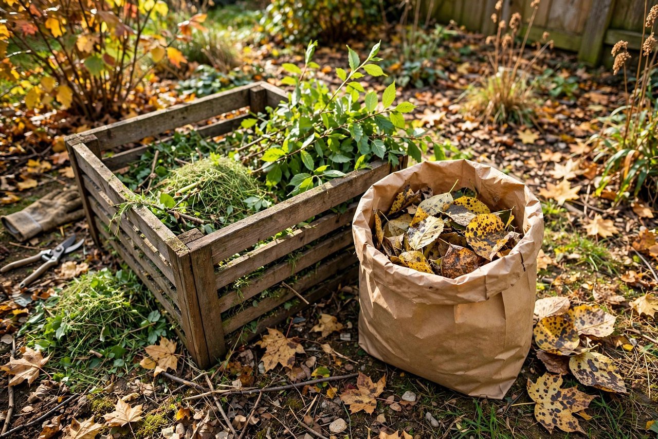 Sorting garden waste into compost bin and yard-waste bag