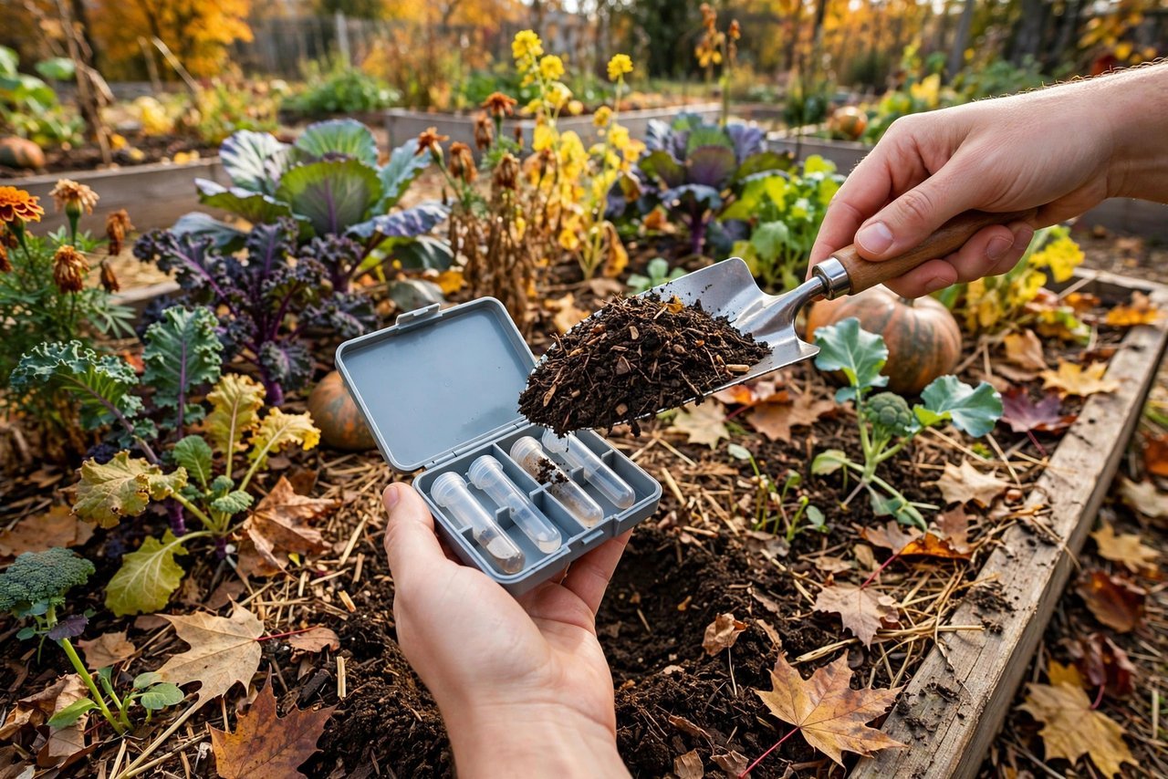 Testing garden soil with a soil test kit in fall