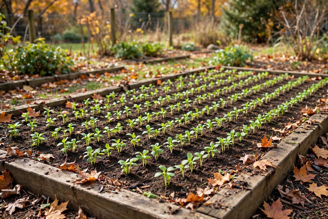 Cover crop seedlings sprouting in an empty fall garden bed