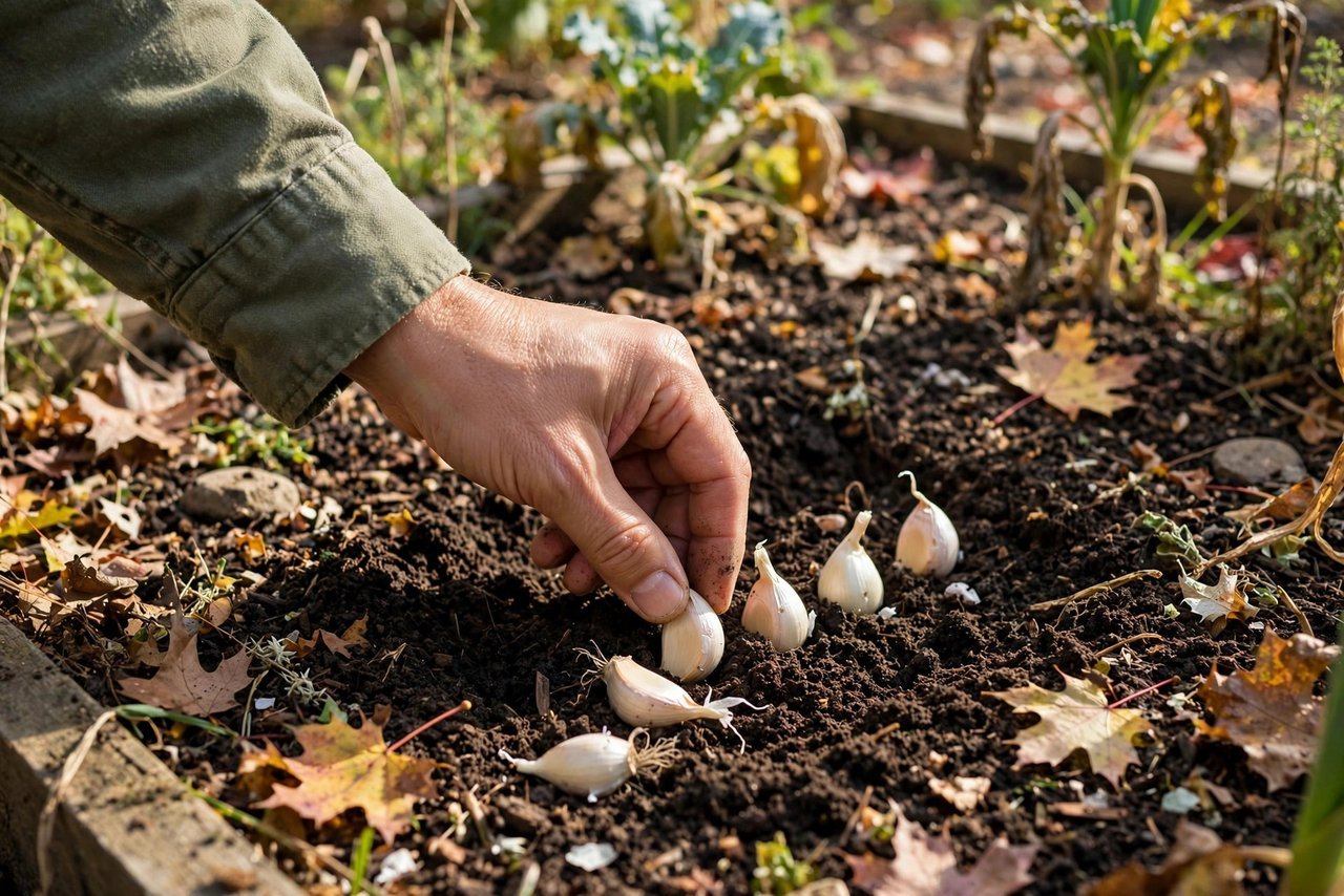 Planting garlic cloves in an October garden bed