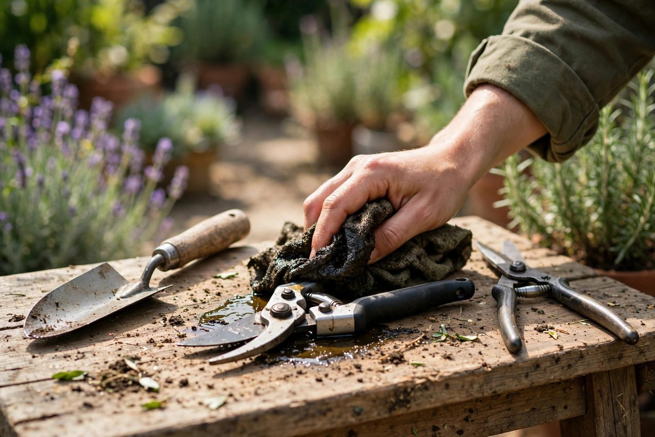 Cleaning and oiling garden hand tools on a workbench