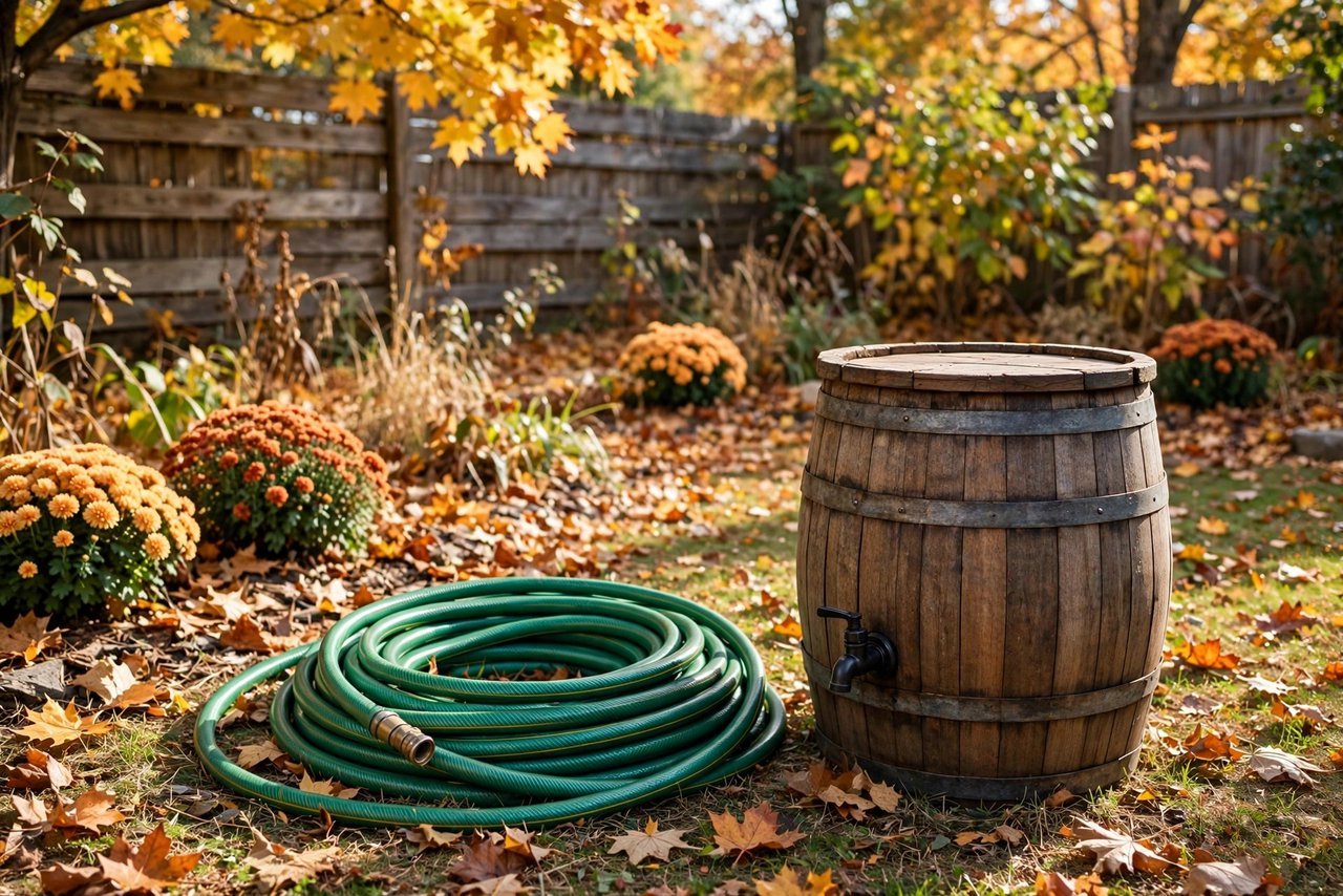 Coiled garden hose beside a rain barrel before winter