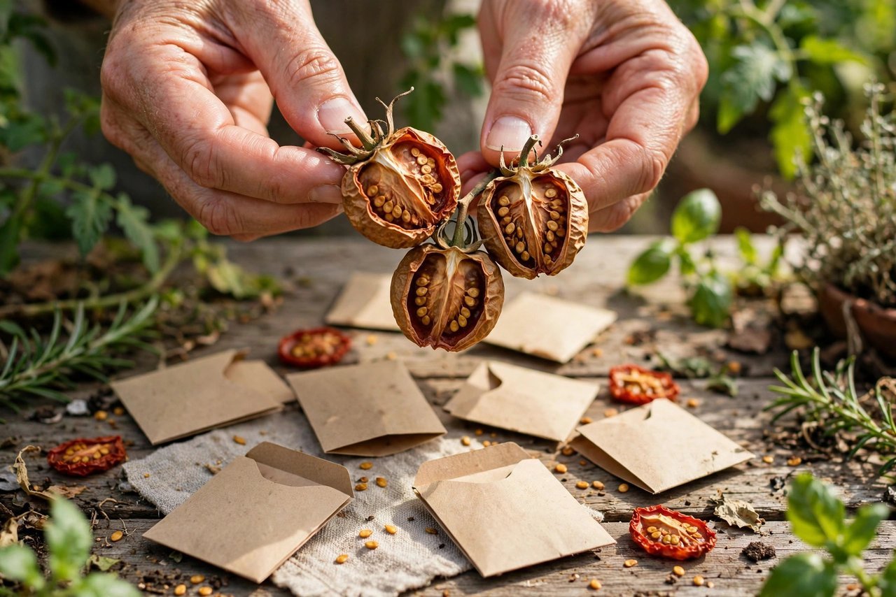 Saving seeds from dried tomato seed heads into paper envelopes