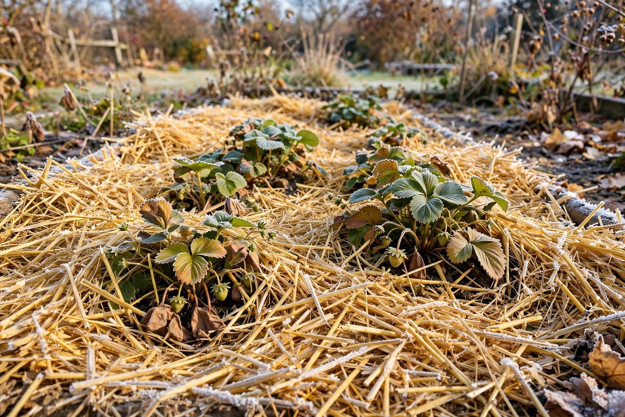 Strawberry plants tucked under straw mulch with light frost