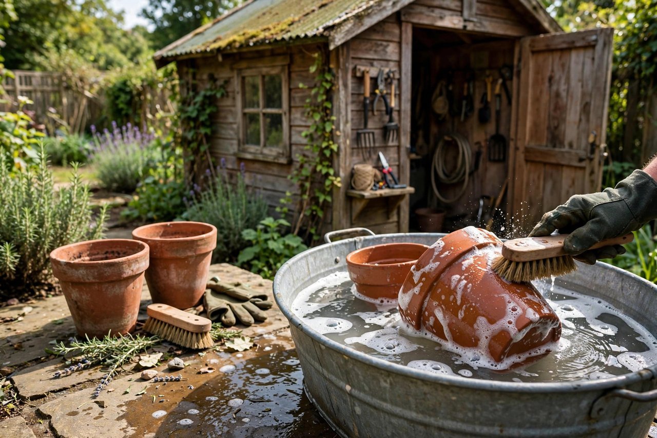Scrubbing terracotta pots before winter storage