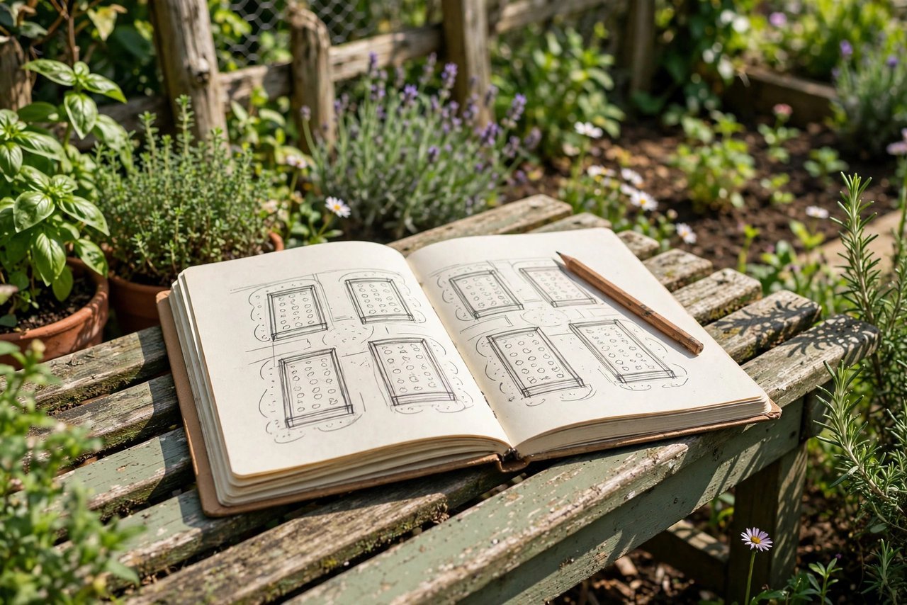 Sketching next year's garden layout in a garden journal