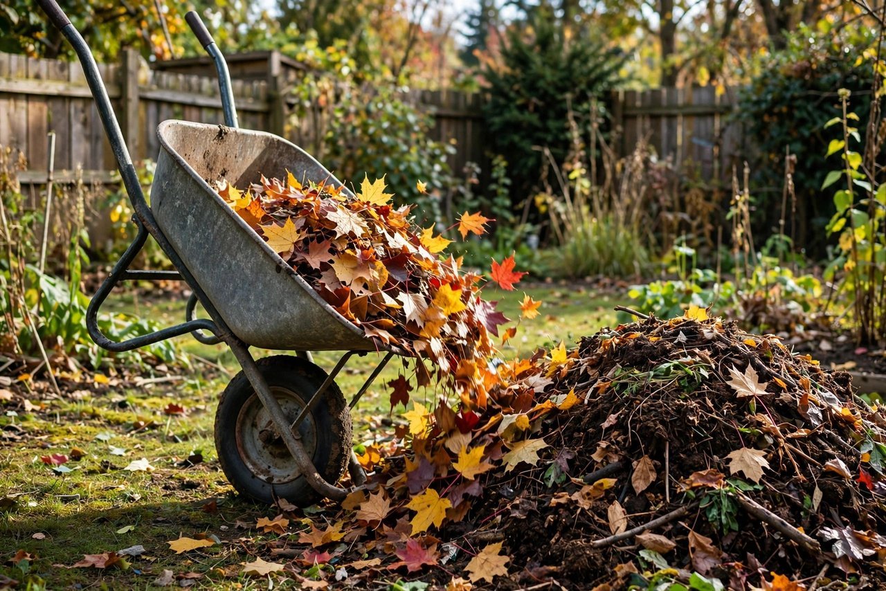 Adding a wheelbarrow of fall leaves to a compost pile