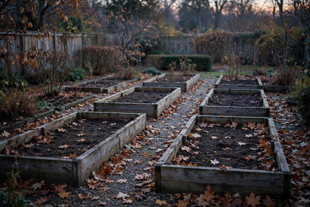 Tidy empty raised beds put to rest for winter at dusk