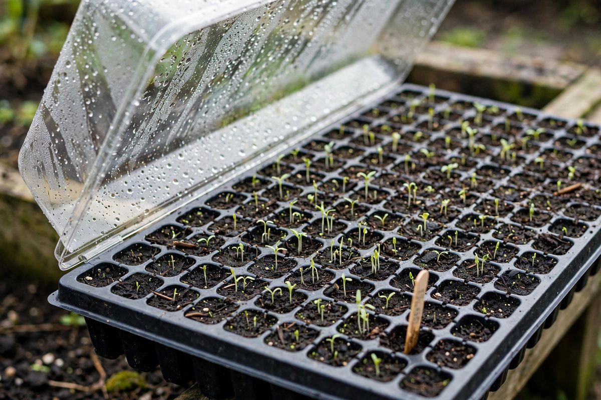 A 1020 seedling tray of moist soil cells under a clear humidity dome propped open at one corner