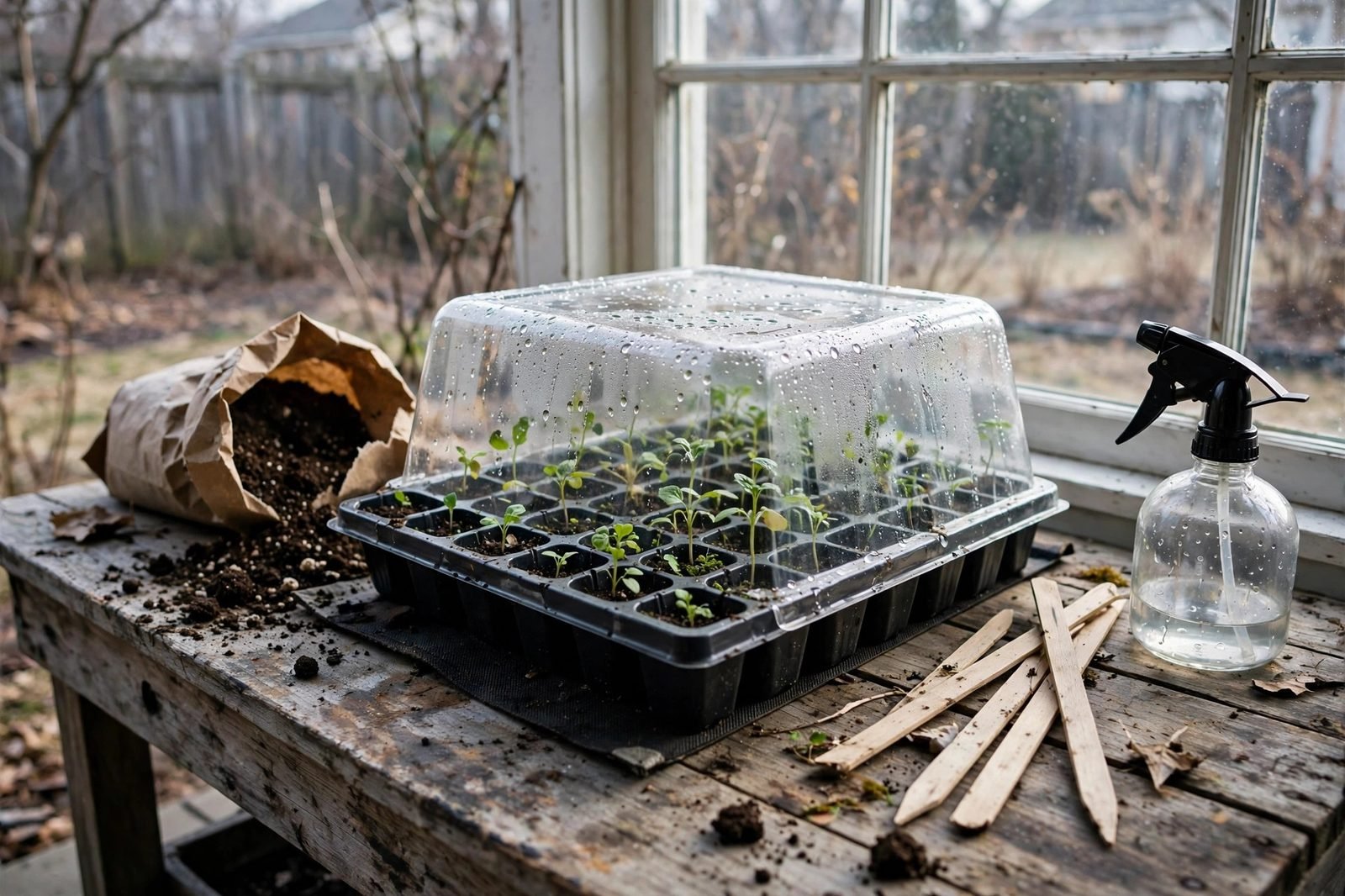 Beginner seed-starting kit with tray, humidity dome, and soil mix on a potting bench by a window