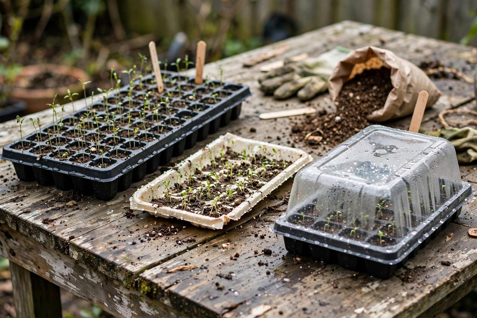 Three different seed-starting trays with seedlings on a wooden potting bench