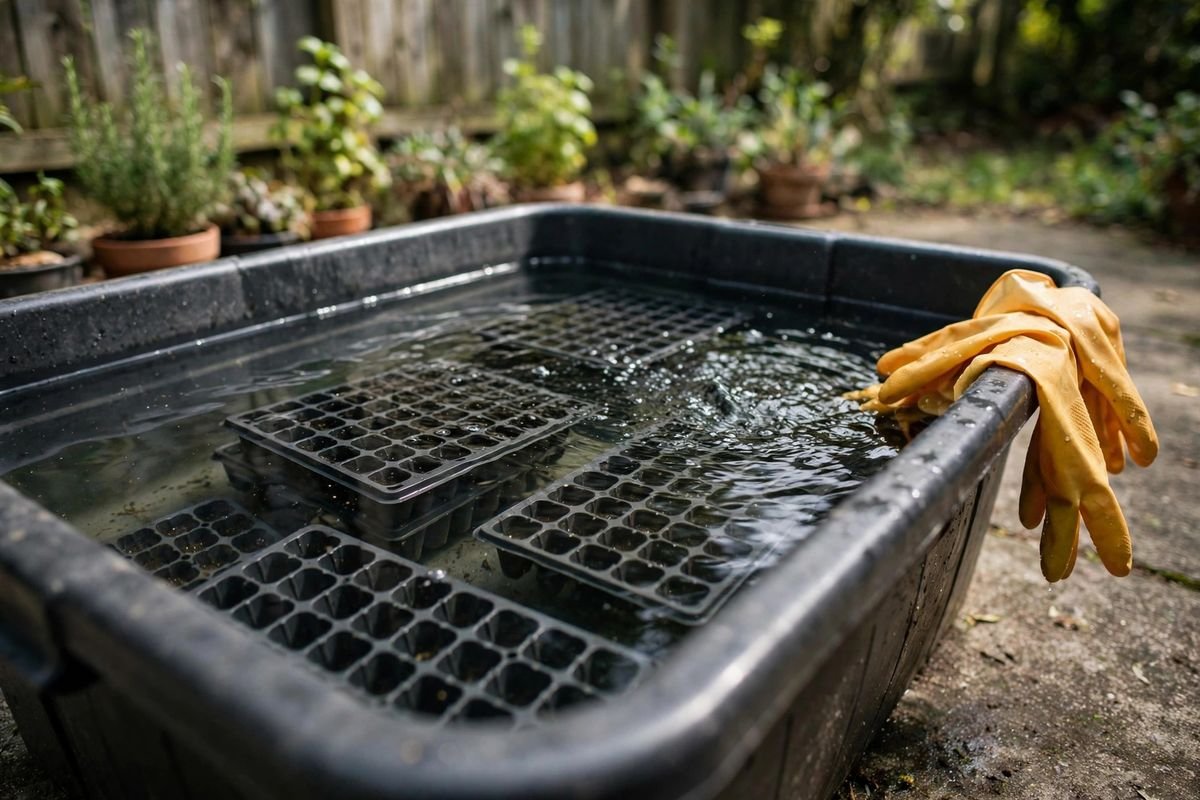 Black seed trays and cell inserts soaking fully submerged in a plain unbranded tub of clear sanitizing solution on a patio, with rubber gloves draped on the rim