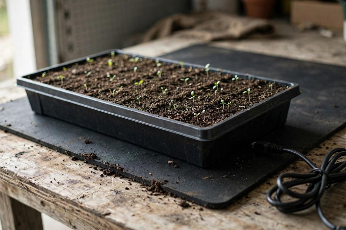 Black seedling heat mat under a 1020 nursery tray of sprouting pepper seedlings on a workbench