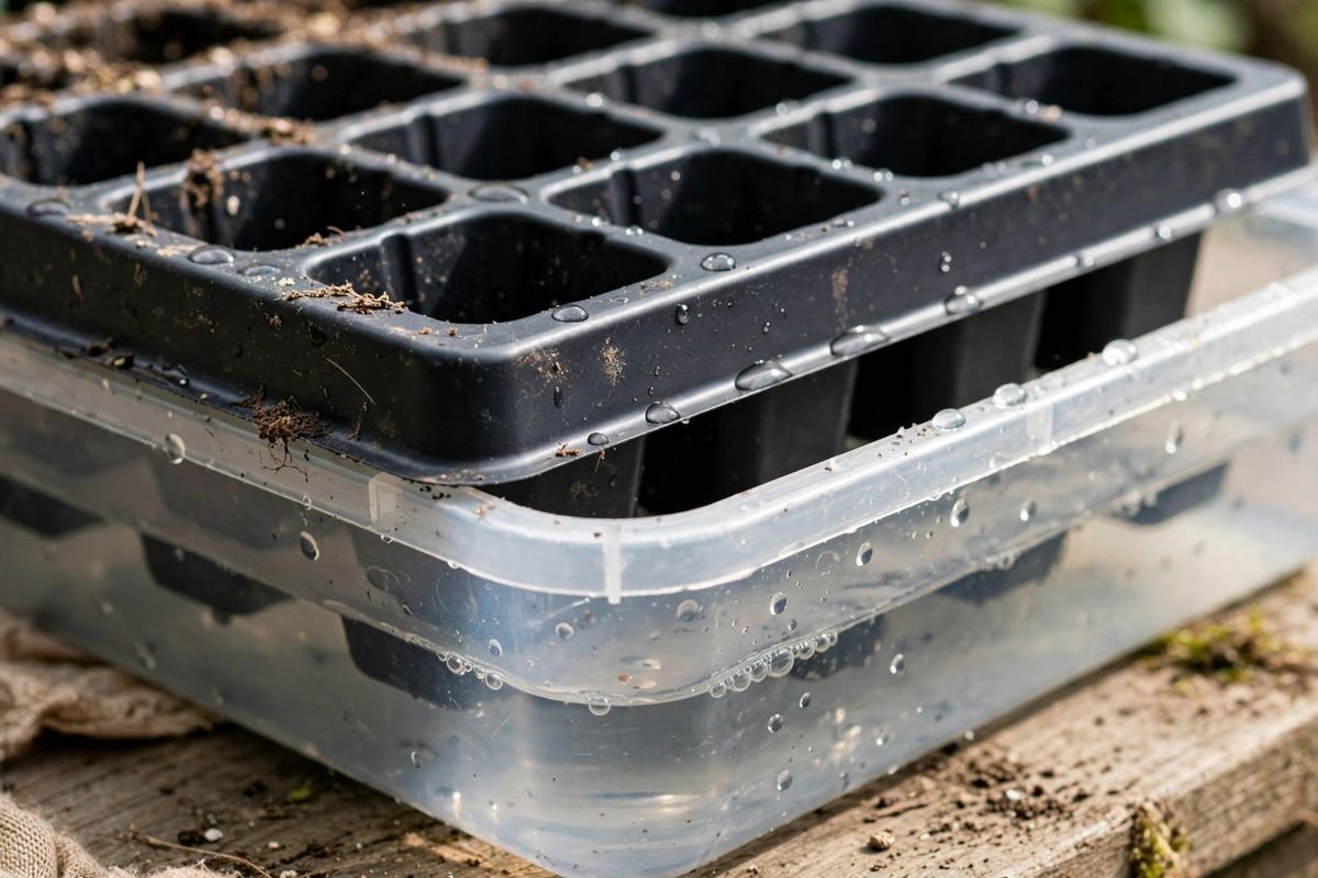 Cell tray nesting in a shallow water tray for bottom watering