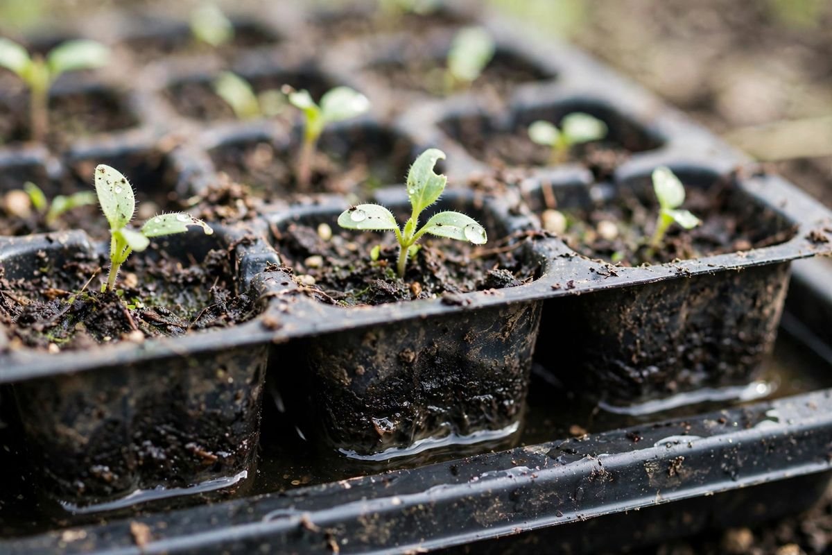 Close-up of seedling cells with soil darkening from moisture wicking upward and water glistening at the tray bottom