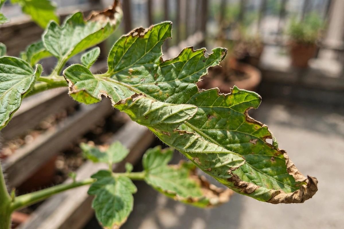 Close-up of a tomato leaf with torn edges and brown dried patches from wind damage
