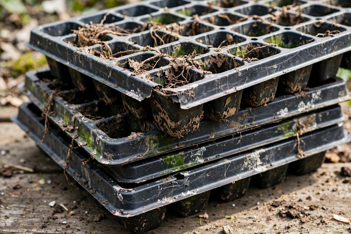 Close-up of used black seed-starting trays with dried old potting mix, dead root fragments, algae stains, and mineral deposits in the cells