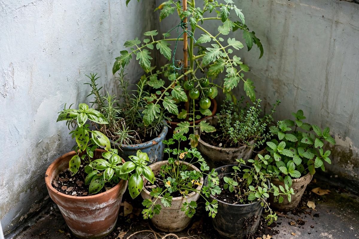 Clustered pots of herbs and vegetables grouped tightly in a sheltered balcony corner