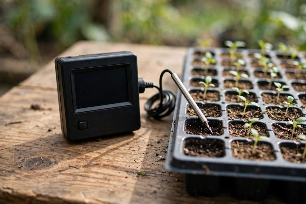 Digital heat mat thermostat controller with a wired temperature probe next to a seedling tray