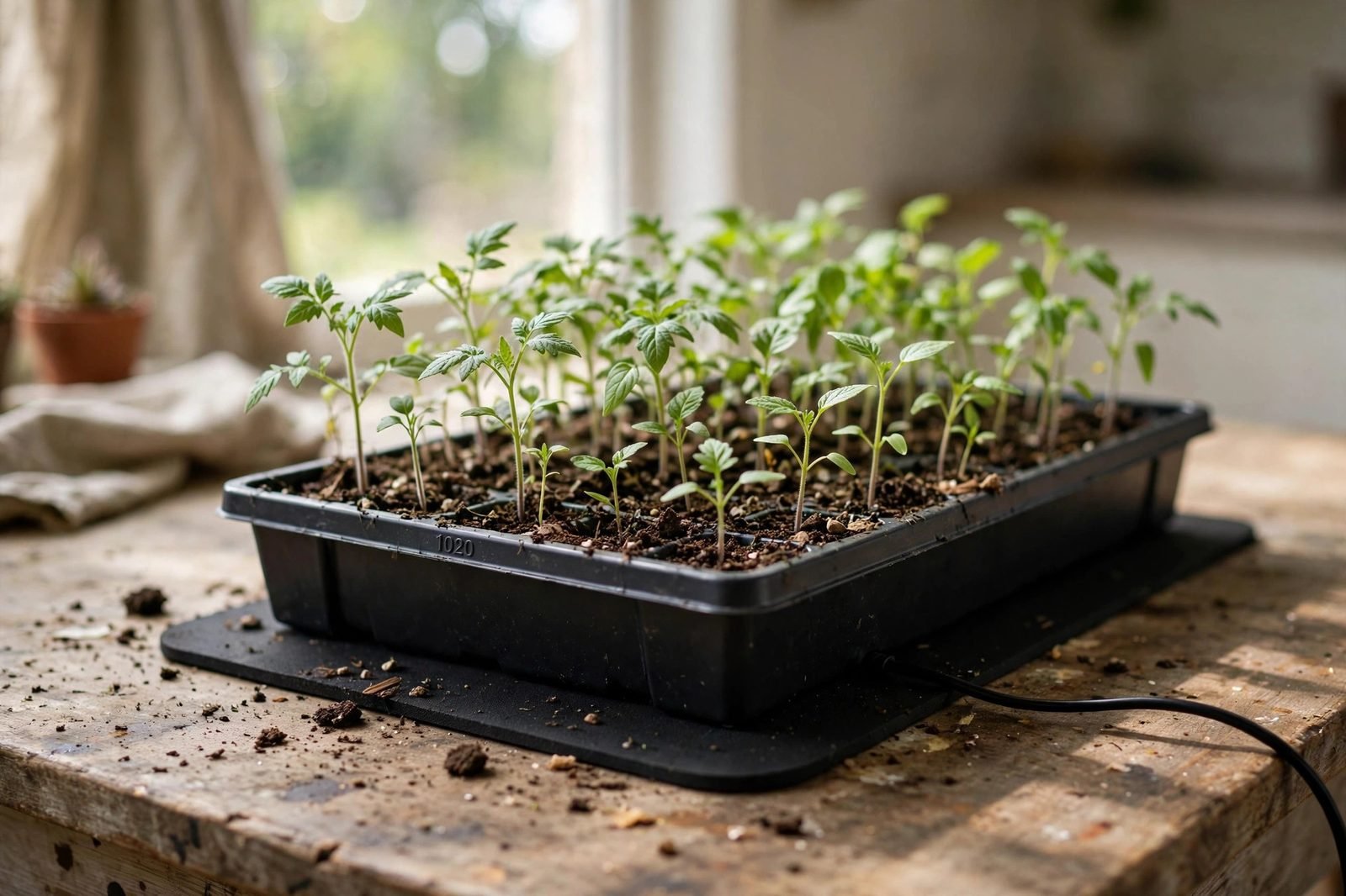 Seedling tray of tomato and pepper seedlings on a black heat mat on a wooden table in natural window light
