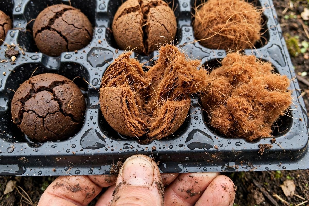Expanded peat and coir seed pellets showing cracks and fibers