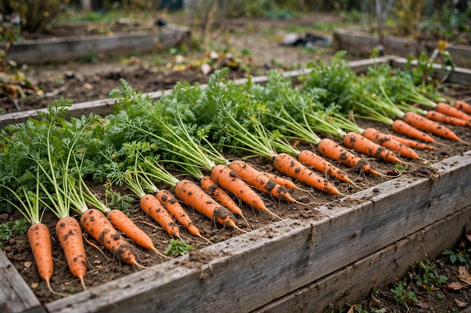 Illustration: hands pulling bright orange carrots from loose garden soil