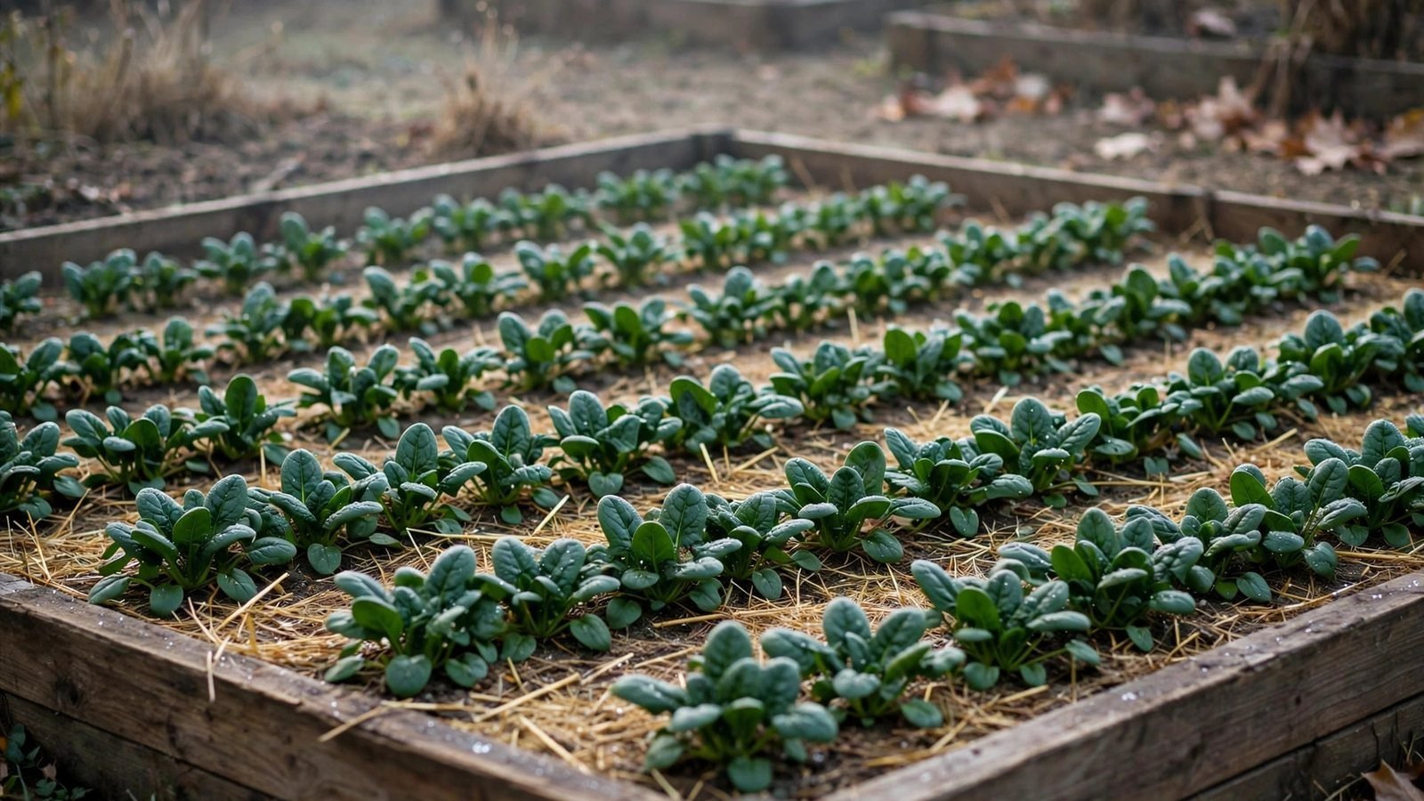 Illustration: young spinach seedlings sprouting in neat rows in dark garden soil