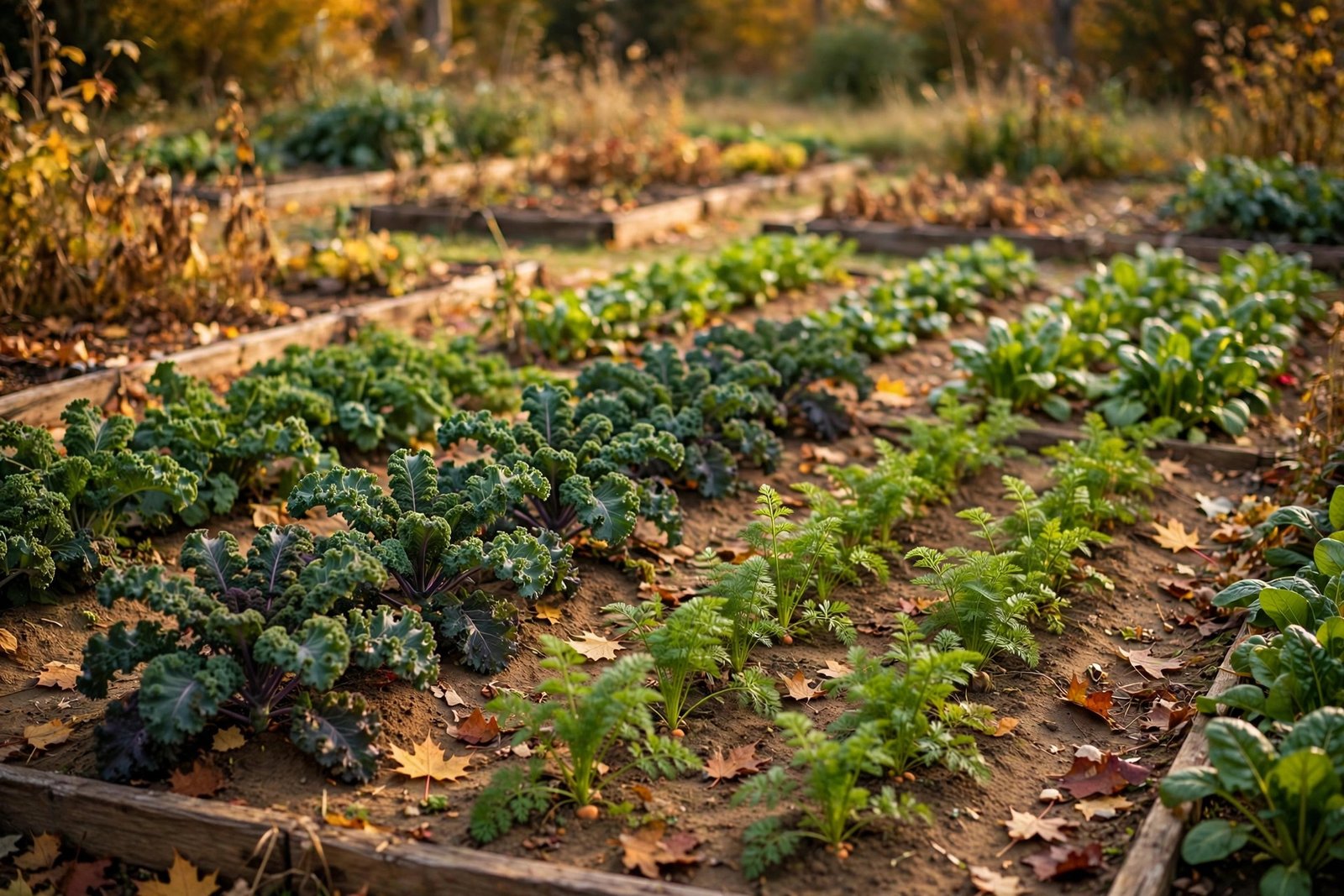 Raised garden bed in autumn with rows of kale, leafy greens, and carrot tops, fallen leaves scattered on the soil