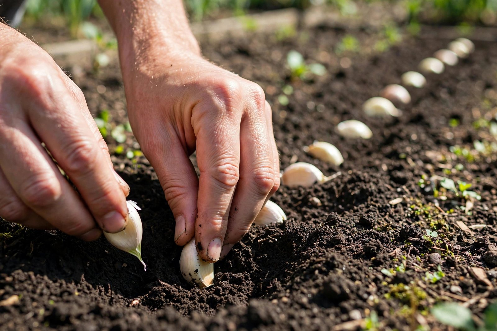 Hands planting garlic cloves pointed-end up in a row of dark garden soil