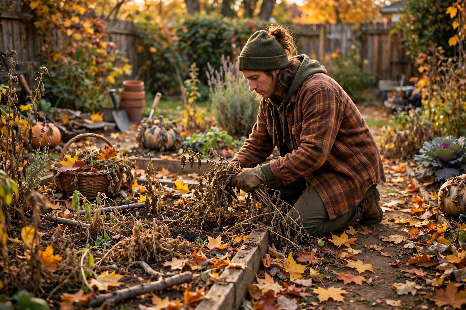 Gardener pulling spent plants from a raised bed during fall garden cleanup, autumn leaves scattered around