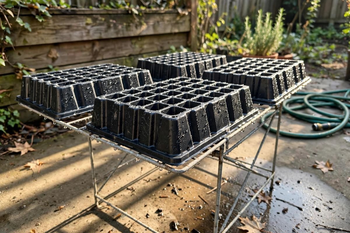Freshly cleaned black seed trays and cell inserts standing upside down to air-dry on a wire rack in bright sunlight, with water droplets beading on the plastic