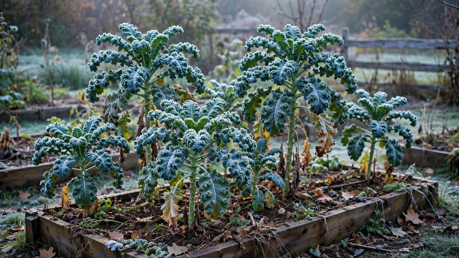 Illustration: rows of kale growing in a fall garden bed with light frost on the leaves
