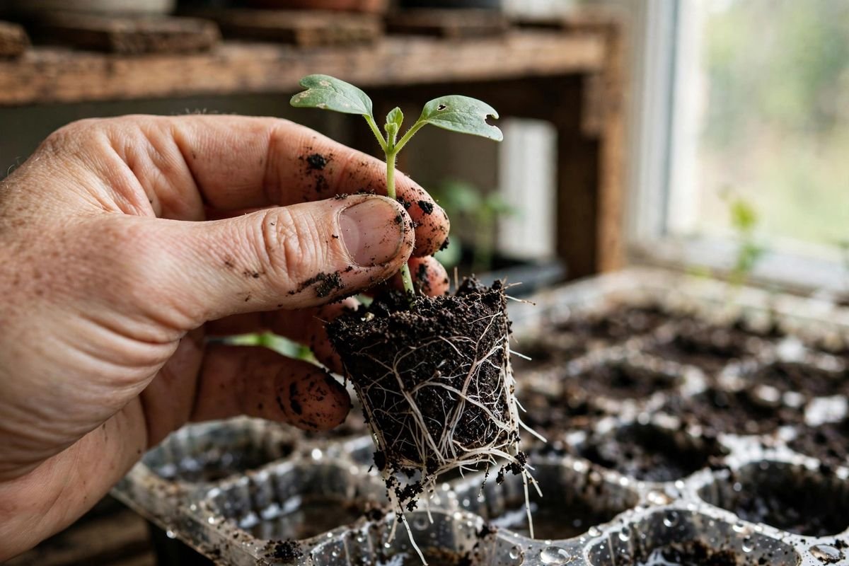 A gardener holding a seedling with fine white roots spread through dark evenly moist seed-starting mix